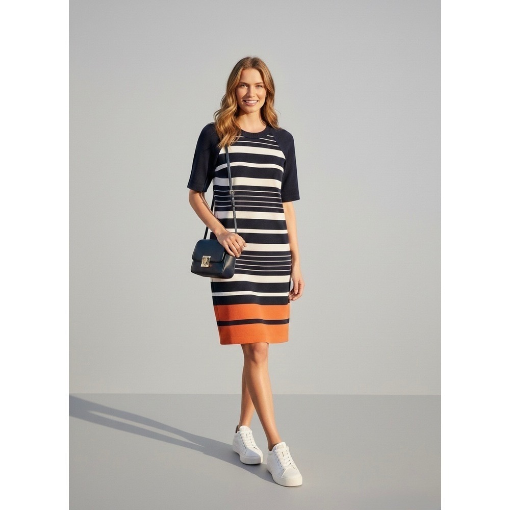Michael Kors Navy White Orange Helsinki Stripe Sheath Dress Size 8